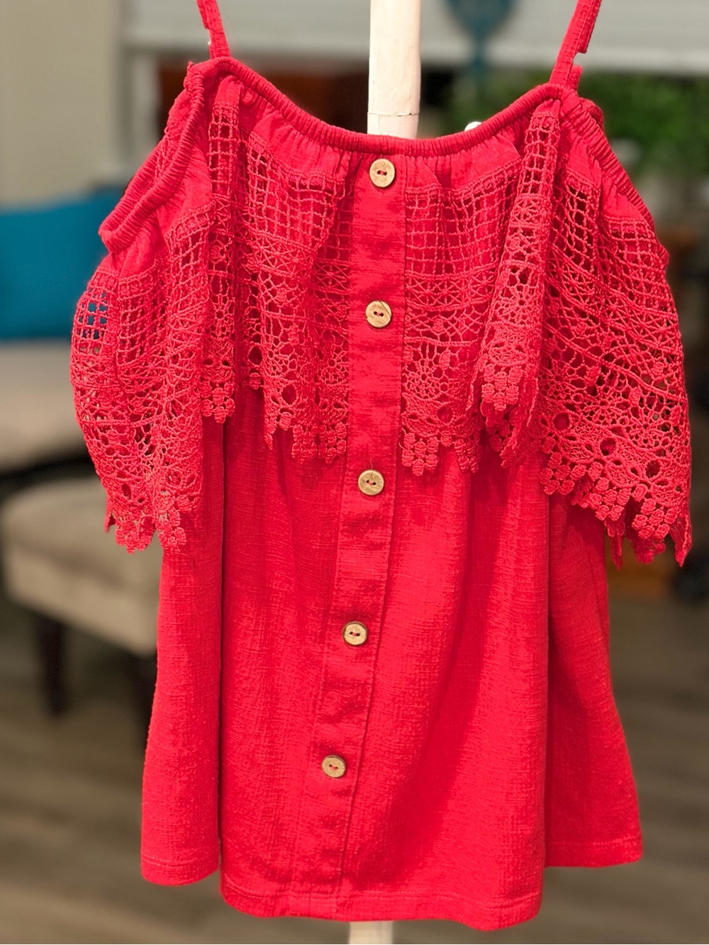 No Boundaries Women’s Red Lace-Trim Faux Button Adj. Spaghetti Strap Top XL